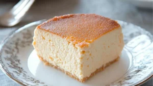 how to make tofu cotton cheesecake from scratch on a white plate with text overlay
