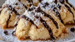 delicious italian cannoli cookies with chocolate drizzled on top are stacked up in front of a christmas tree