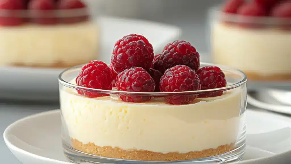 three small desserts with raspberries on top and the words quick greek yogurt hello cheese cake