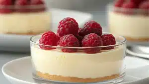 three small desserts with raspberries on top and the words quick greek yogurt hello cheese cake