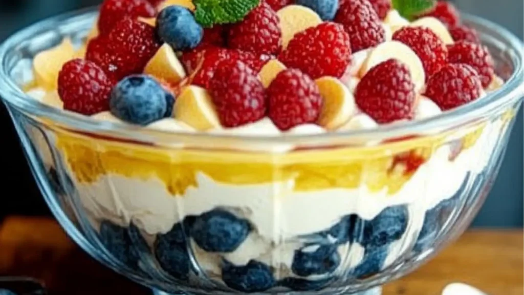 a trifle with berries, pineapples and blueberries in a glass dish