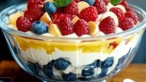 a trifle with berries, pineapples and blueberries in a glass dish