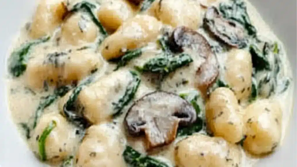 a plate filled with potatoes and mushrooms on top of a wooden table next to utensils