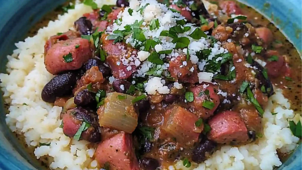 a bowl filled with beans, meat and rice