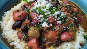 a bowl filled with beans, meat and rice
