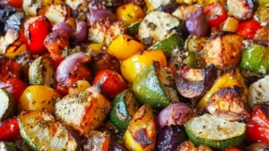 a white dish filled with roasted vegetables and feta cheese on top, sitting on a marble surface