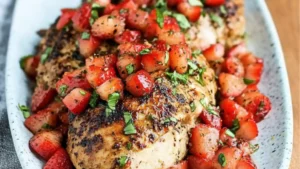 pictures of meat and vegetables on a plate with the words, strawberry basil chicken
