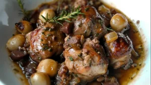 french coq au vin with potatoes and gravy in a white bowl