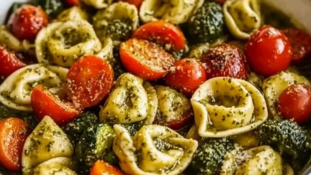 a pan filled with pasta, asparagus and tomatoes
