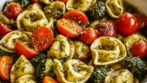 a pan filled with pasta, asparagus and tomatoes