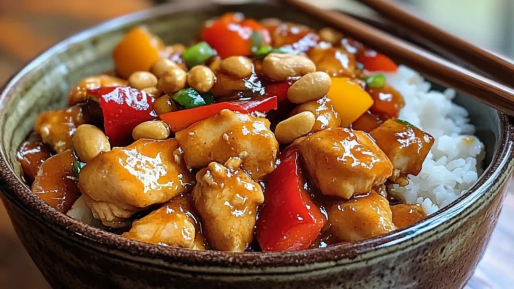 chicken and peppers in a skillet with the words classic kunng pao chicken