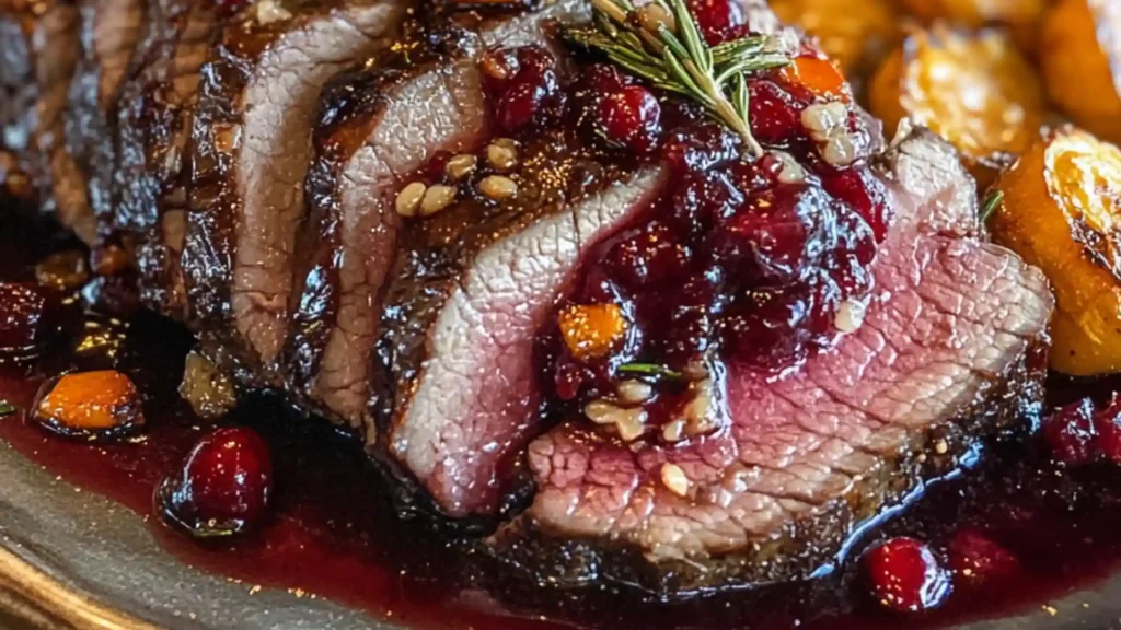 cranberry roast beef in a cast iron skillet with garnishes