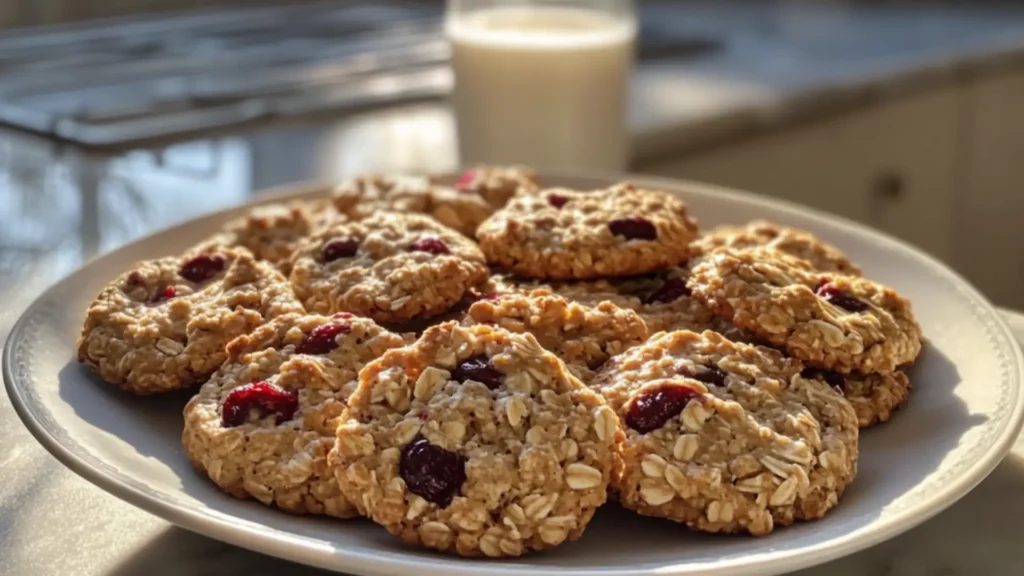oatmeal cookies with cranberries and nuts on a white plate