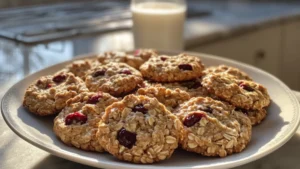 oatmeal cookies with cranberries and nuts on a white plate