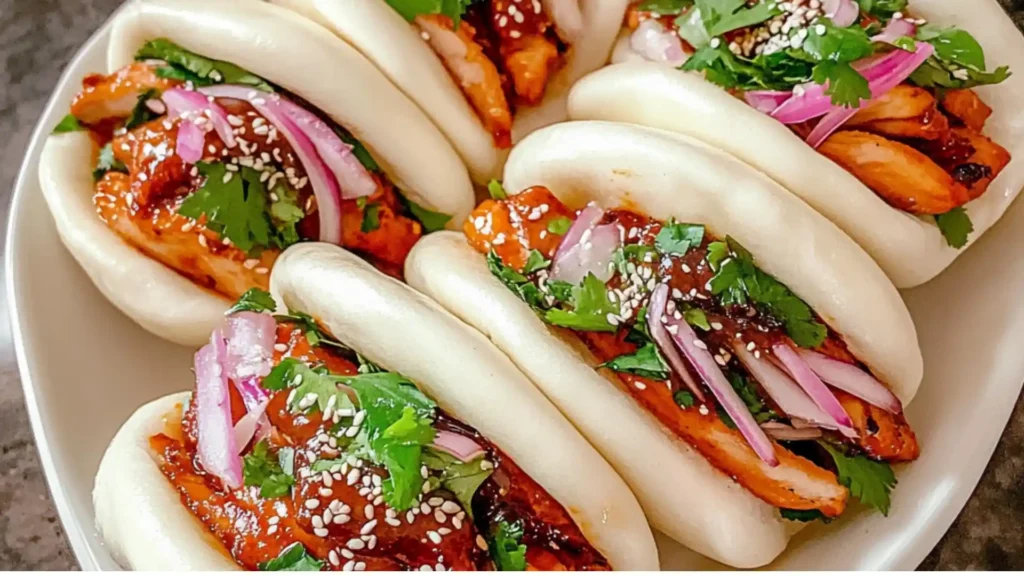 Soft bao buns stuffed with crispy Korean chicken, fresh slaw, and spicy sauce, arranged on a serving board.