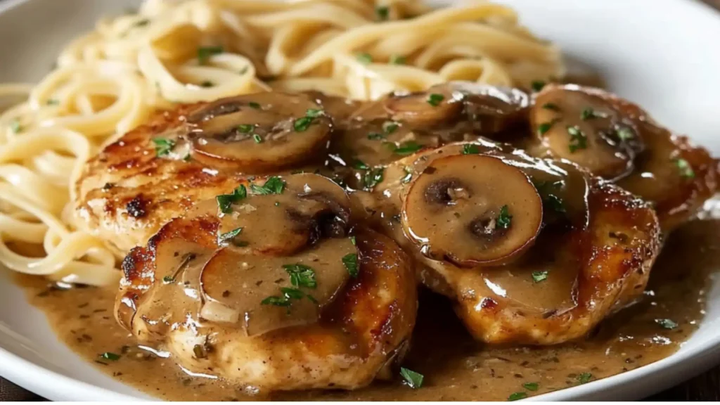plates with mashed potatoes, mushrooms and asparagus on them in sauce