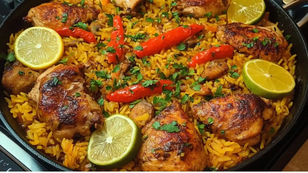 one pan spanish chicken and rice with parsley on top