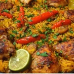 one pan spanish chicken and rice with parsley on top