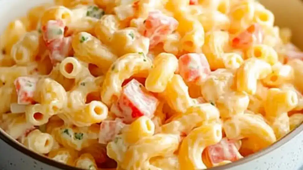 one hawaiian bbq macaroni salad recipe on a white plate with the words, one hawaiian bbq macaroni salad recipe