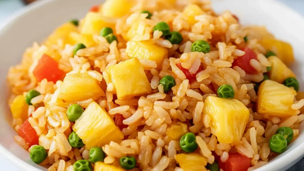 Hawaiian pineapple rice in a white bowl and garnished with green onions.