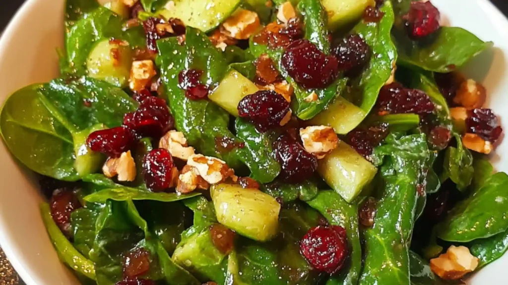a white bowl filled with spinach and cranberry salad on top of a red cloth