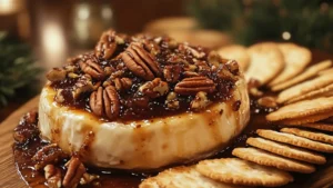 baked brie with fig jam in a cast iron skillet and topped with pecans