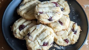 a stack of cranberry almond shortbread cookies