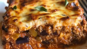 an easy to make delicious greek moussaka recipe with meat and cheese in a casserole dish