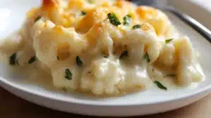 a white dish filled with macaroni and cheese on top of a table next to a spoon