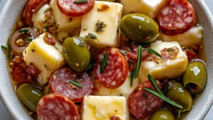 an image of olives and ham with cheese