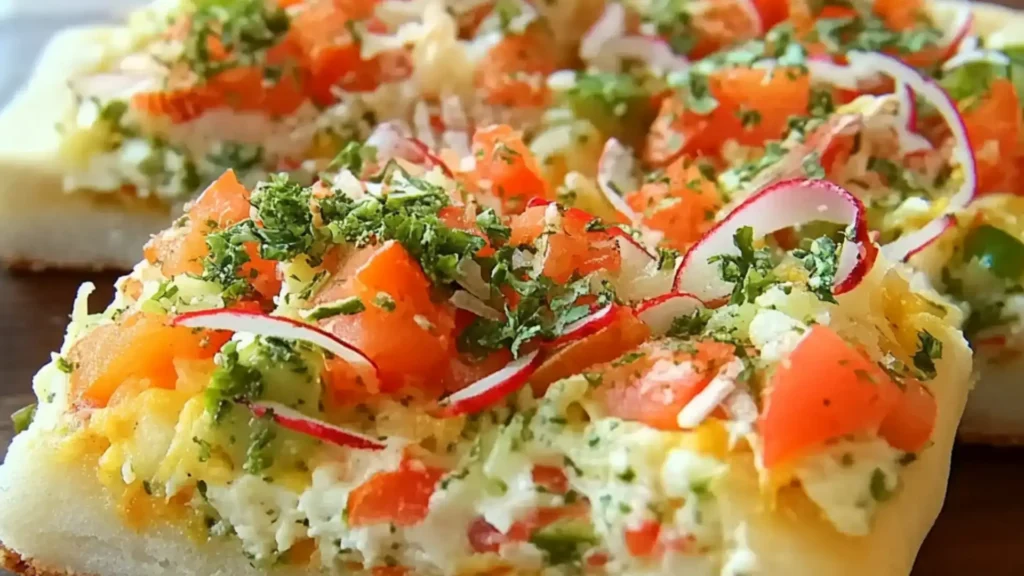 vegetable pizza with cheese and broccoli on it is cut into squares to be eaten