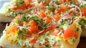 vegetable pizza with cheese and broccoli on it is cut into squares to be eaten