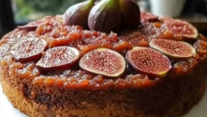 a wooden cutting board topped with slices of fruit and honey tart cake next to other desserts