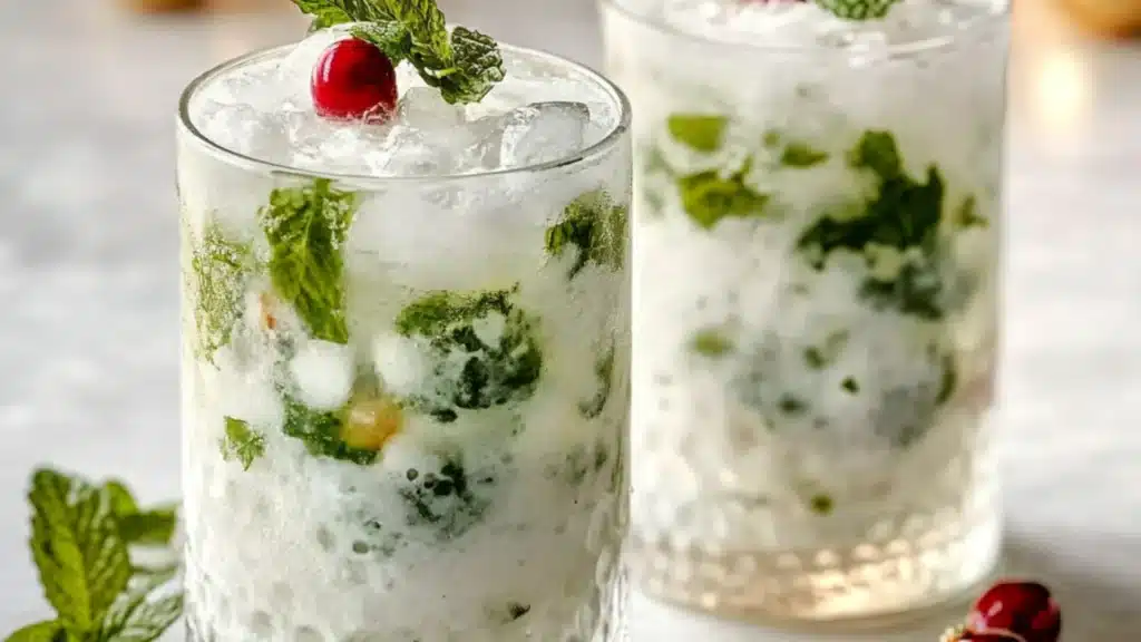 white christmas mojits with mint and cranberry garnish on top