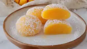 mango mochillos on a white plate with powdered sugar