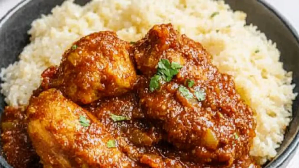 chicken stew with white rice and parsley on the side, in a skillet