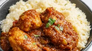 chicken stew with white rice and parsley on the side, in a skillet