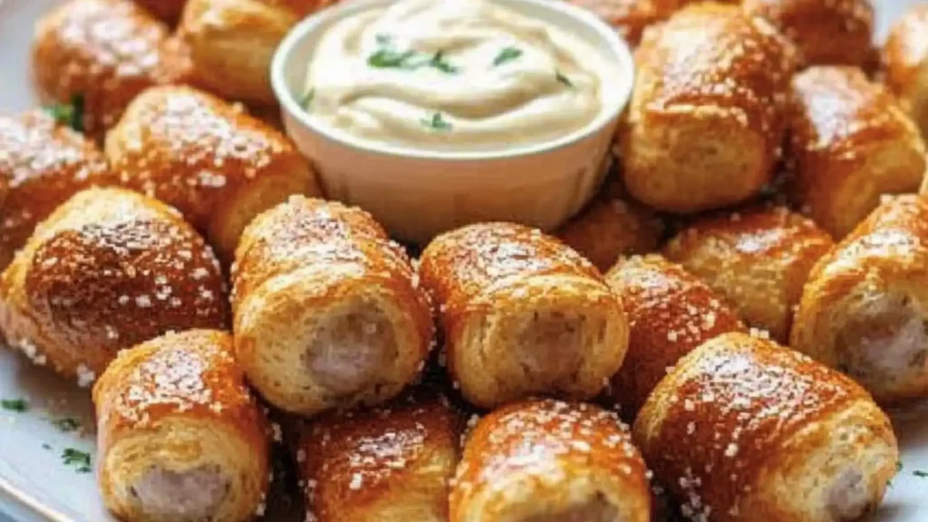 some food is on a wooden board with the words pretzel bratwurst bites