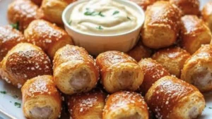 some food is on a wooden board with the words pretzel bratwurst bites