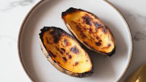 japanese sweet potato creme brulee is served on a white plate