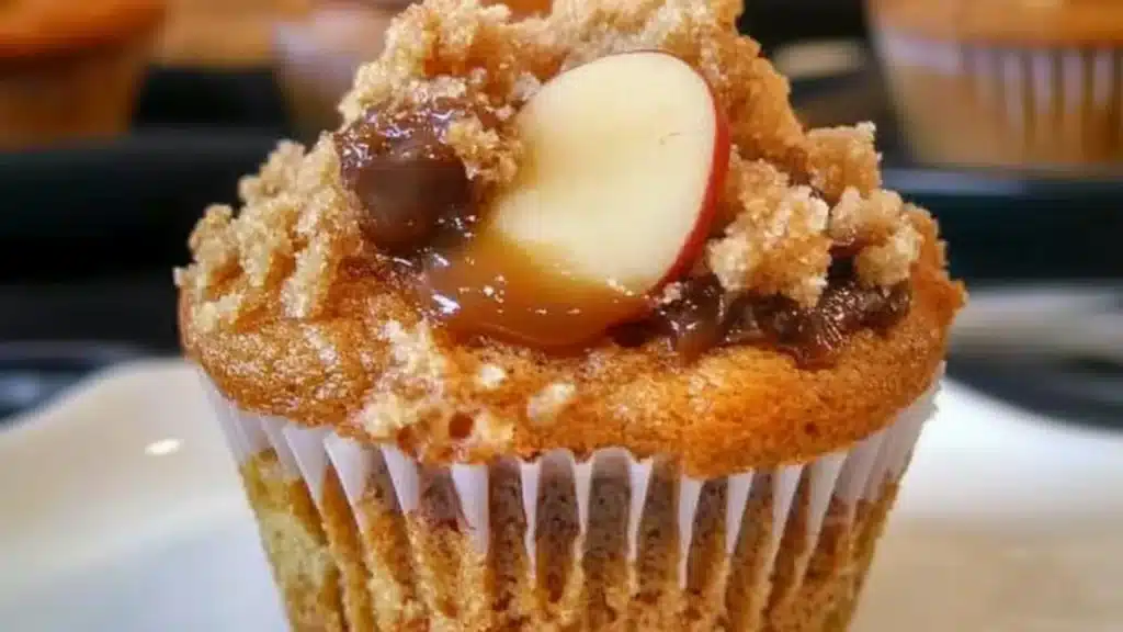 an apple muffin on a white plate with cinnamon glaze and apples in the background