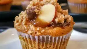 an apple muffin on a white plate with cinnamon glaze and apples in the background