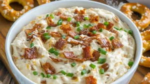 a bowl filled with chicken salad next to crackers on a white plate and the words pretzel dip above it