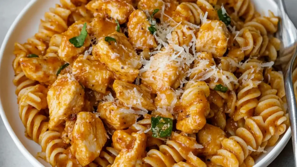 plate of creamy Cajun chicken rotini pasta with melted cheese and fresh parsley garnish.