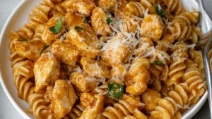 plate of creamy Cajun chicken rotini pasta with melted cheese and fresh parsley garnish.