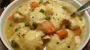 chicken and dumpling soup in a white bowl with text overlay that reads old fashioned chicken and dumplings