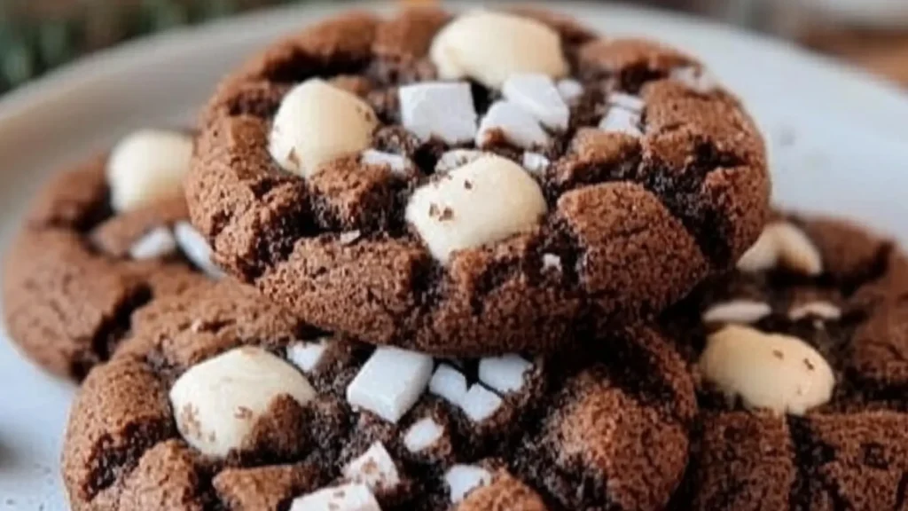 chocolate cookies with sprinkles are on a white plate next to a red sign that says hot cocoa cookies