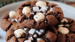 chocolate cookies with sprinkles are on a white plate next to a red sign that says hot cocoa cookies