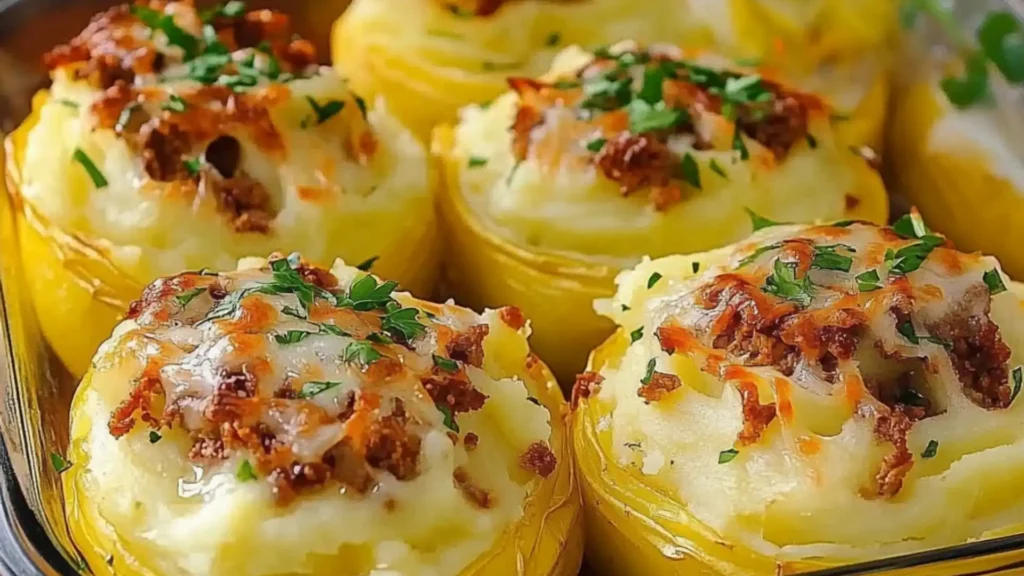 stuffed mashed potatoes with meat and cheese in the middle on a black plate next to other baked goods