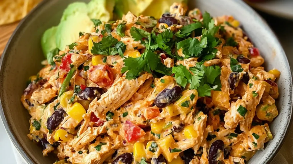 bowl filled with chicken salad and topped with tortilla chips on the side